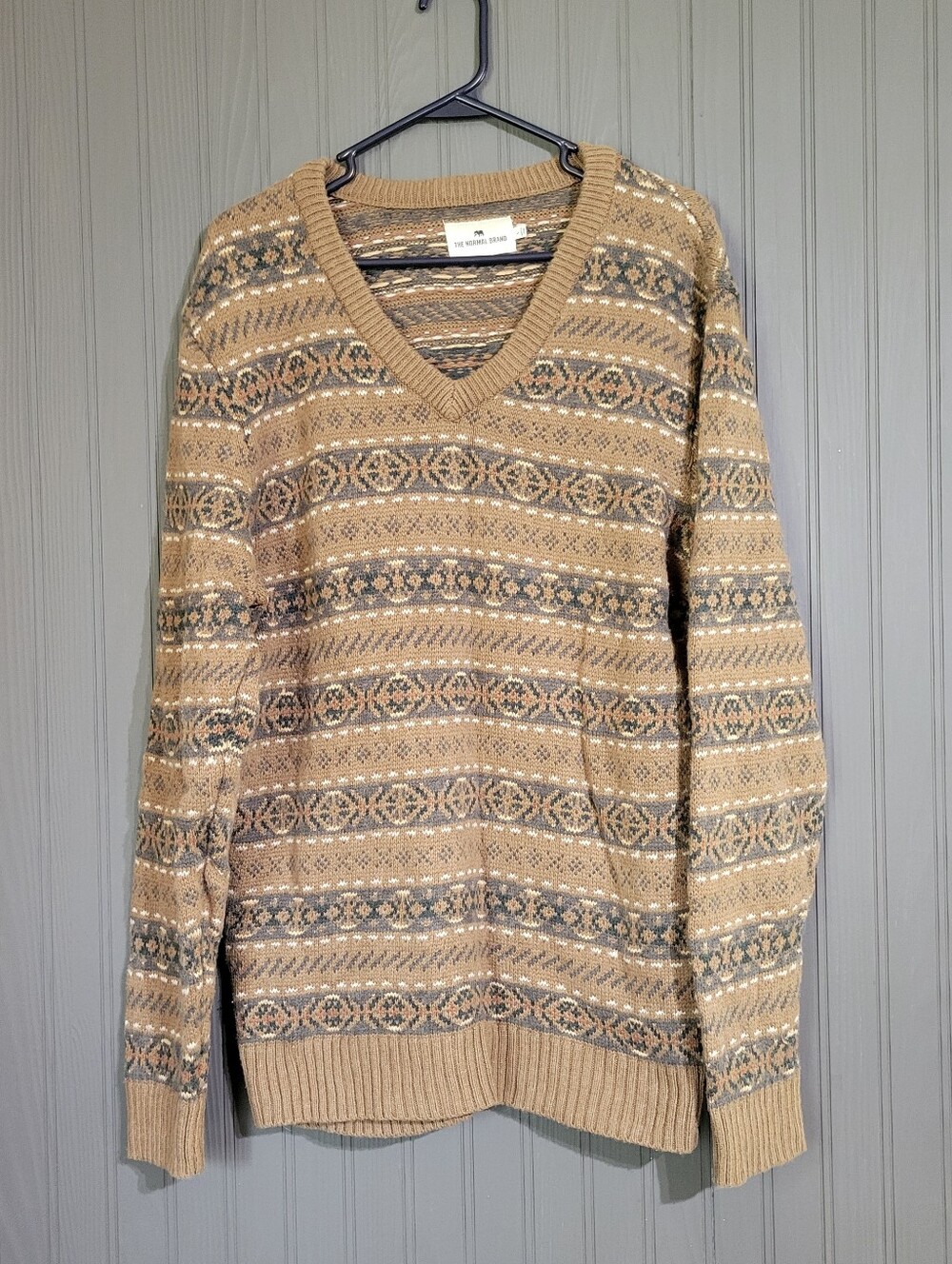 The Normal Brand Sweater Fair Isle Nordic Print V-Neck Wool Blend Brown Men's LG